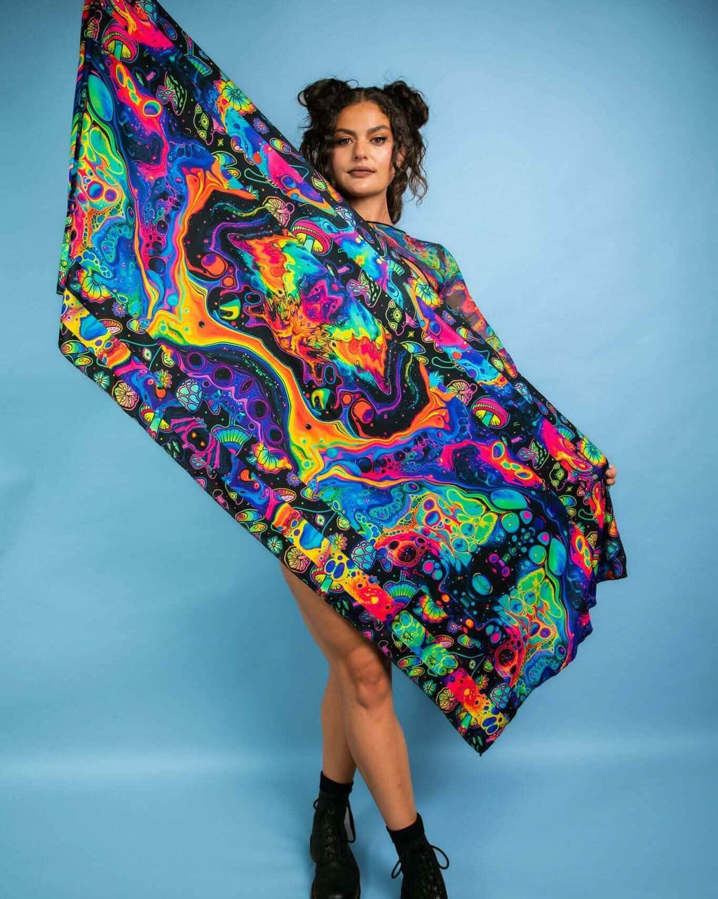 Model showcasing the Vivid Shroomie! Festival Scarf in colorful, psychedelic patterns, perfect for rave outfits and festivals.
