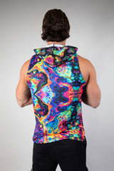 Vivid Shroomie! Hooded tank top showing colorful psychedelic design, perfect for rave outfits and stylish festival clothing.