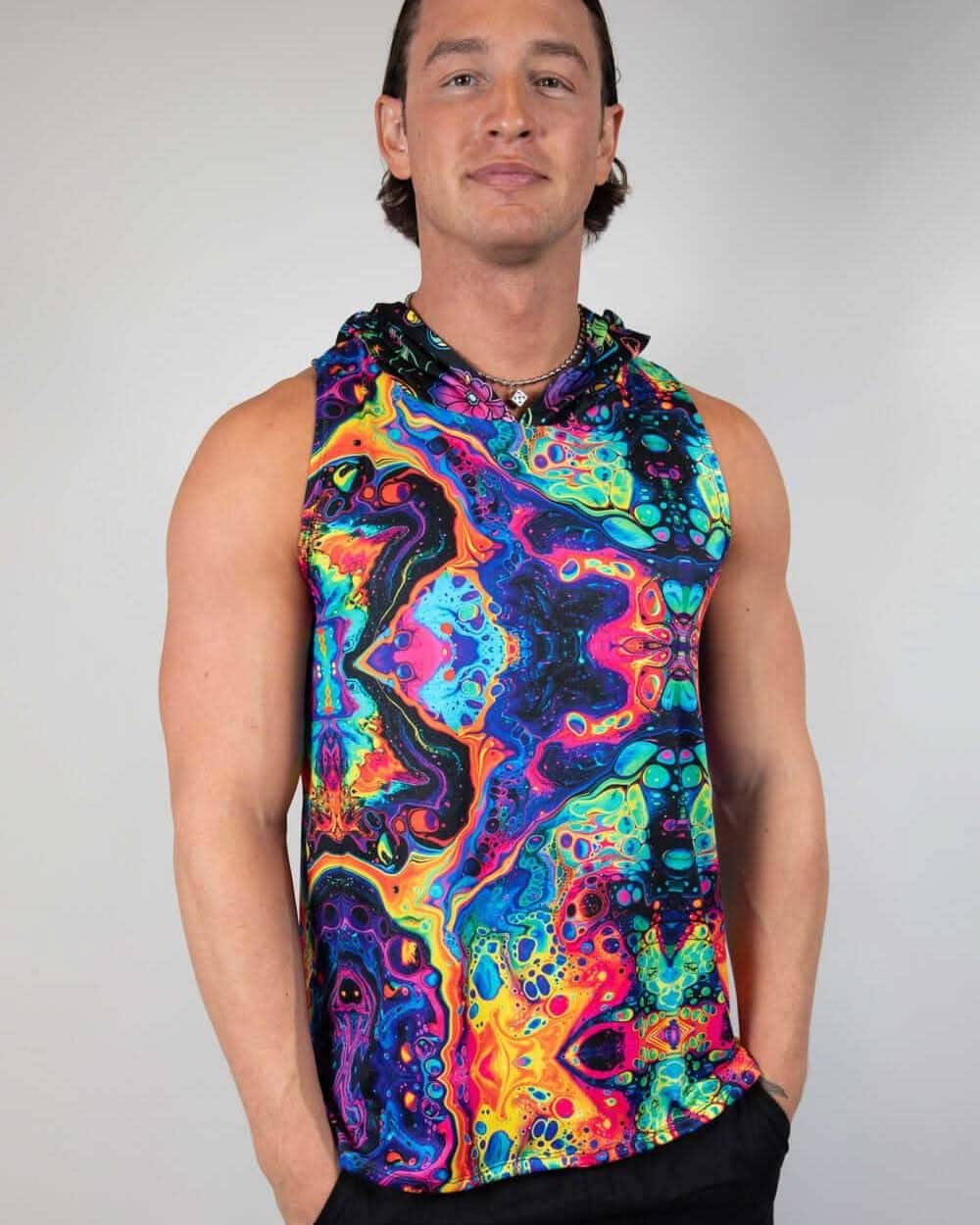 Vivid Shroomie Hooded Tank Top for men, perfect for rave outfits with colorful psychedelic patterns.