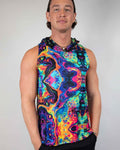 Vivid Shroomie Hooded Tank Top for men, perfect for rave outfits with colorful psychedelic patterns.