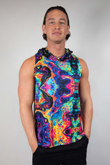 Vivid Shroomie Hooded Tank Top for men, perfect for rave outfits with colorful psychedelic patterns.