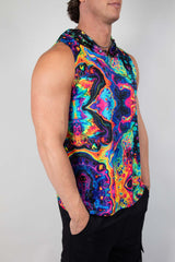Vivid Shroomie unisex hooded tank top in colorful psychedelic design, perfect for rave outfits and style.