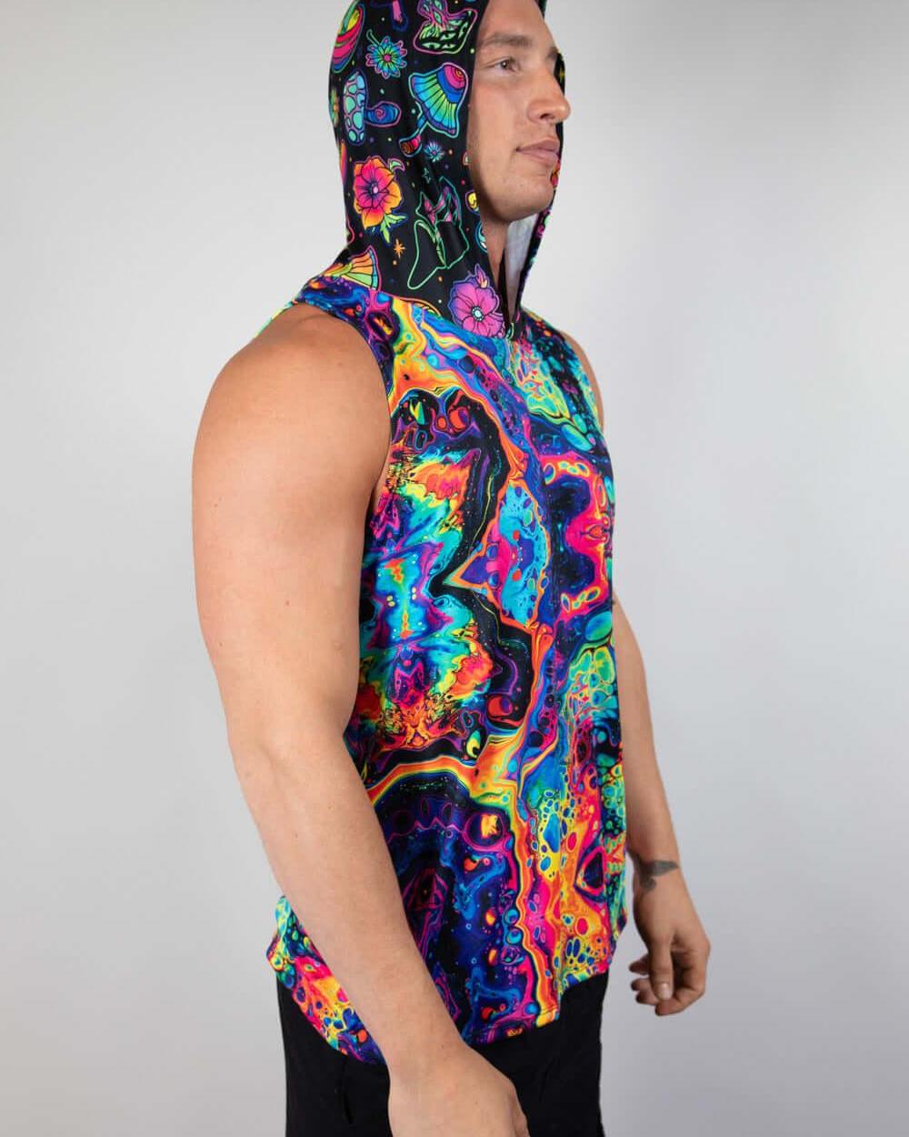 Vivid Shroomie unisex hooded tank top in colorful psychedelic design, perfect for rave outfits and events.