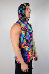 Vivid Shroomie unisex hooded tank top in colorful psychedelic design, perfect for rave outfits and events.