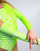Neon green voltage arm sleeves perfect for rave outfits, featuring a unique design and a snug fit.
