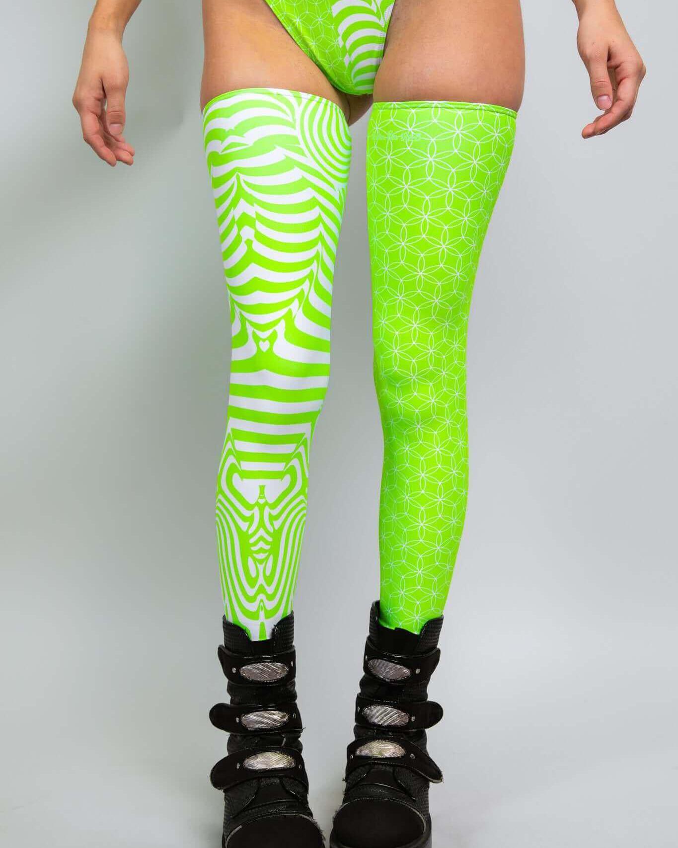 Neon green Voltage Leg Sleeves with stylish patterns, perfect for rave outfits and adding a pop of color to your look.