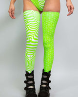 Neon green Voltage Leg Sleeves with stylish patterns, perfect for rave outfits and adding a pop of color to your look.