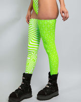 Neon green Voltage Leg Sleeves with quirky patterns, perfect for rave outfits and dance events. Stylish and comfortable design.