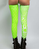 Neon green Voltage Leg Sleeves with split printed design, perfect for rave outfits and vibrant nightlife style.