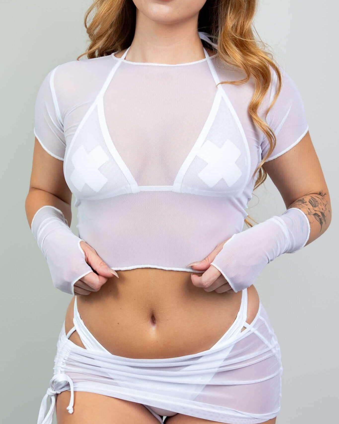 White mesh rave top baby tee styled with matching bottoms, front view festival outfit