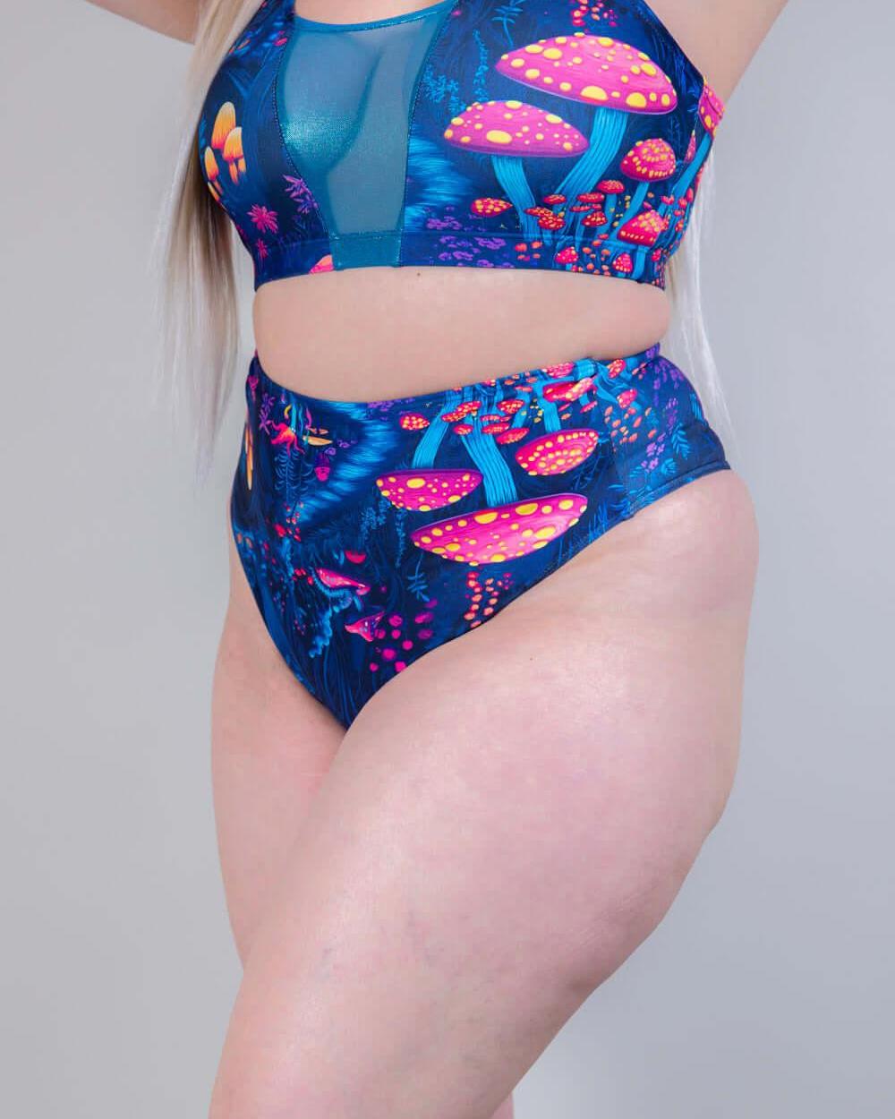 Close-up of Wildwood High Waisted Bikini Bottoms, highlighting the vibrant festival print and seamless waistband.