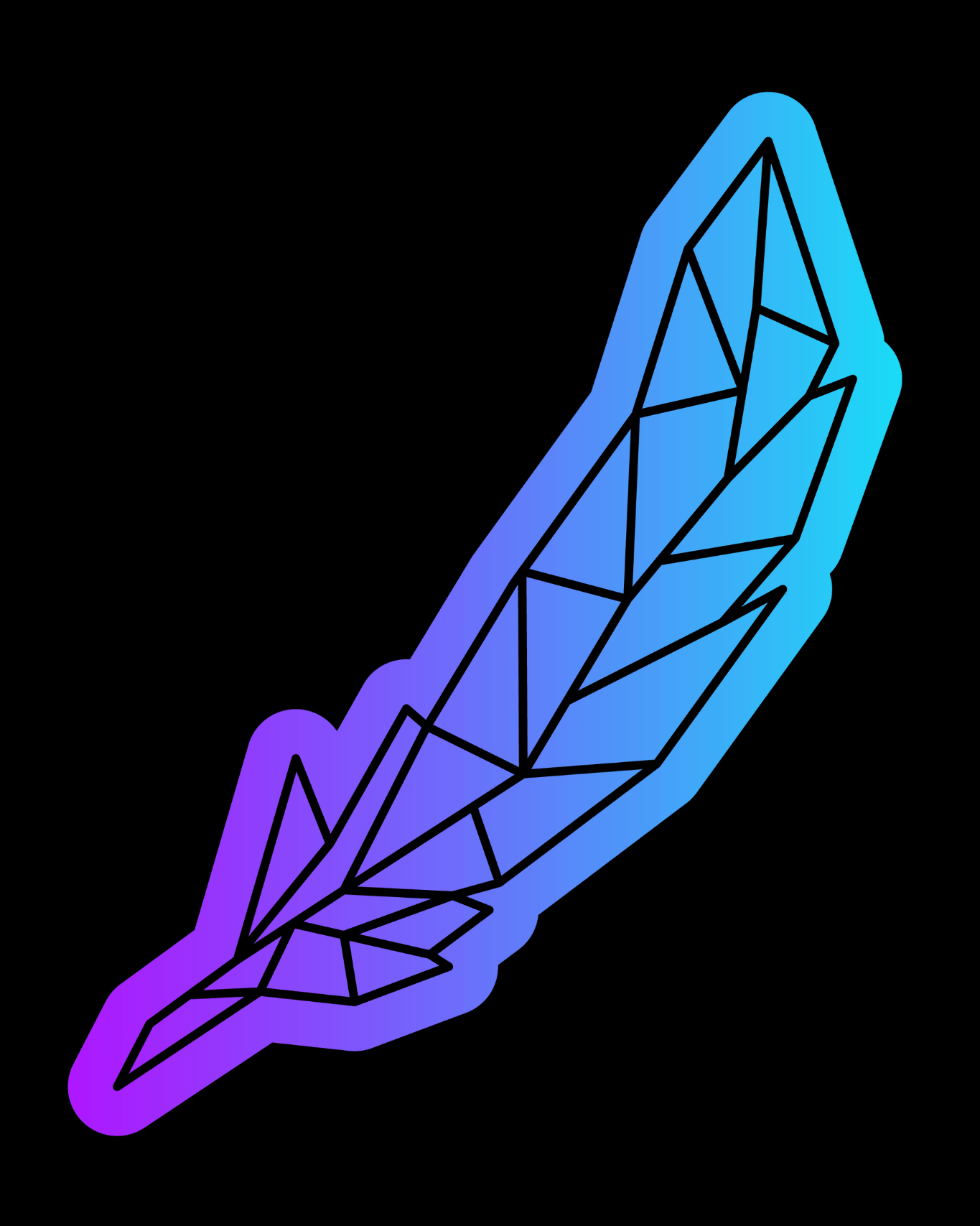 Colorful geometric feather illustration in shades of blue and purple on a black background, perfect for rave outfits.