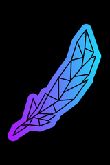 Colorful geometric feather illustration in shades of blue and purple on a black background, perfect for rave outfits.