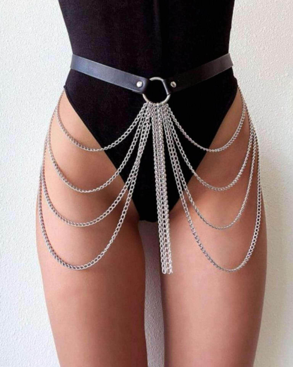 Bad B*tch Body Chain with faux leather and lightweight silver chains, perfect for rave outfits and festivals.