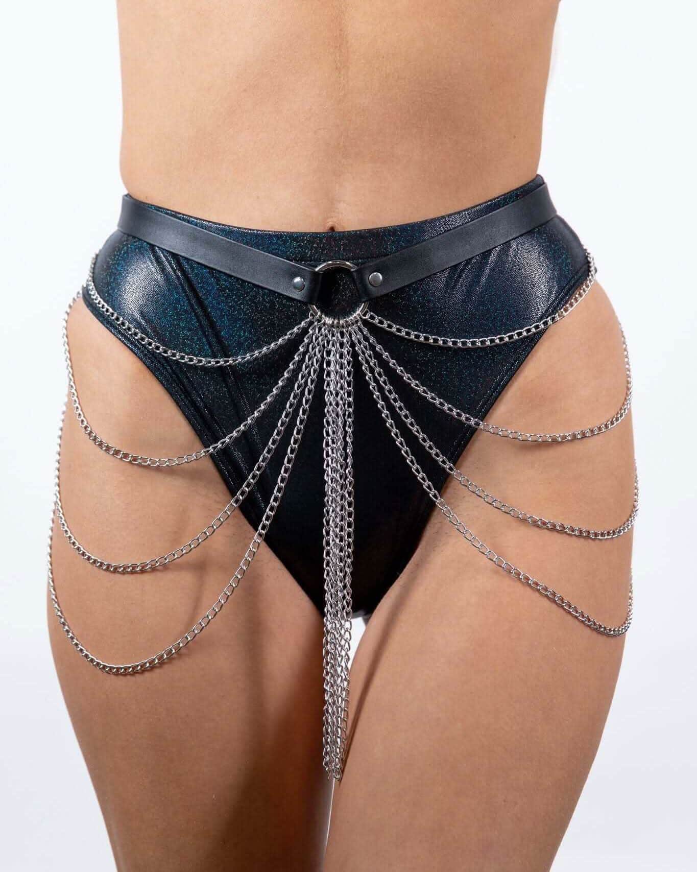 Bad B*tch Body Chain featuring faux leather and lightweight chain, perfect for rave outfits and festivals.