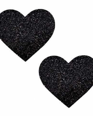 Black glitter heart-shaped pasties for rave outfits and bold fashion statements.