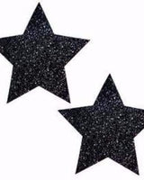 Black glitter star pasties designed for rave outfits and stylish parties, featuring shine and sparkle.