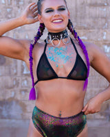 Black mesh triangle bikini top styled for rave outfits, featuring adjustable straps and vibrant accessories.