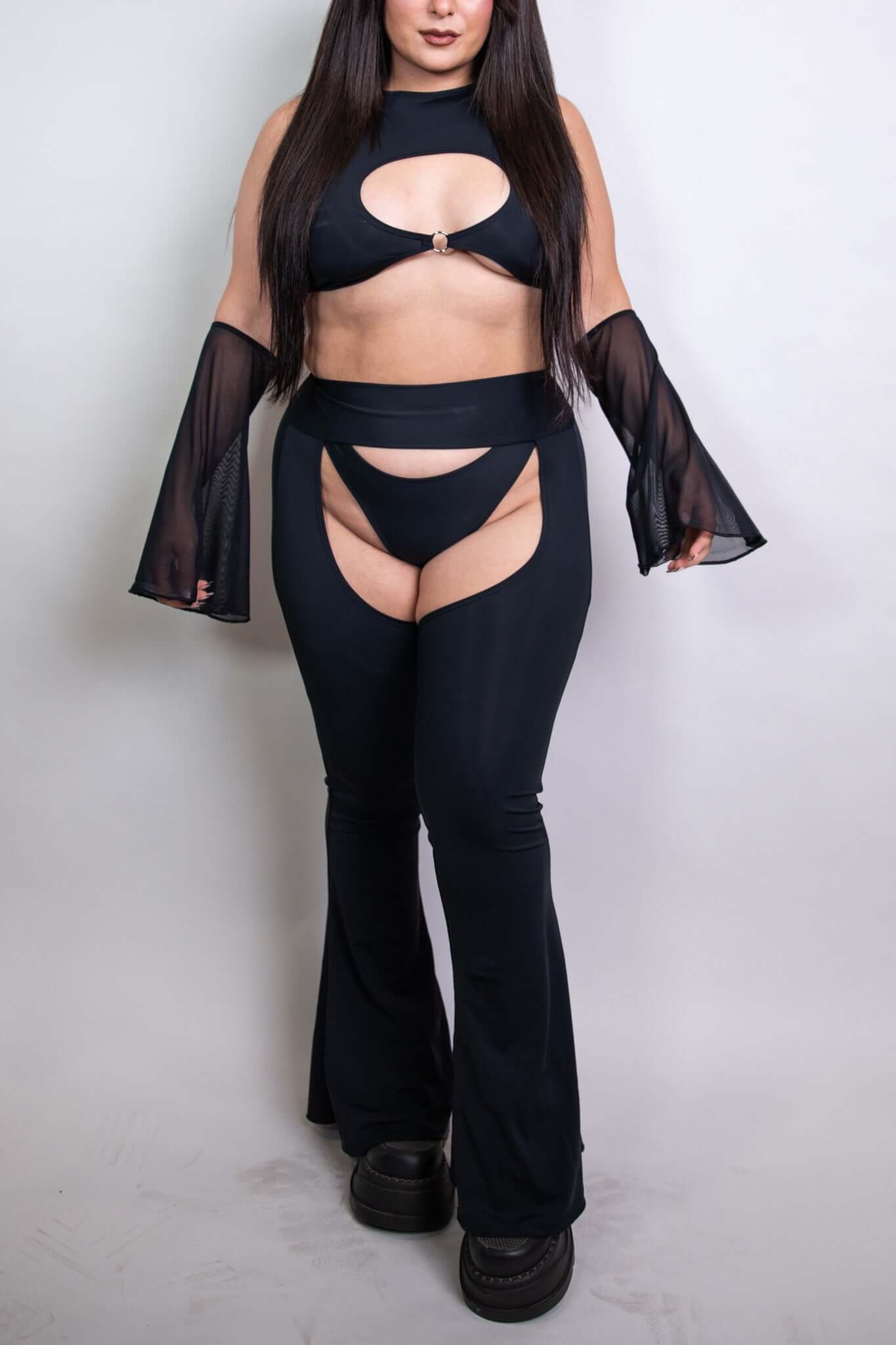 Black Mesh Flare Sleeves Freedom Rave Wear Size: X-Small