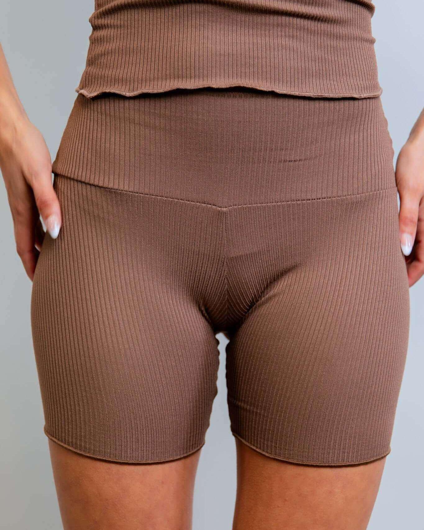 Brown Coco ribbed lounge boxer shorts showcasing soft, stretchy fabric, perfect for comfort and stylish rave outfits.