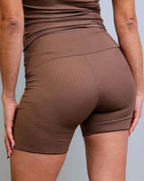 Brown Coco Ribbed Lounge Boxer Shorts shown from the back, showcasing the soft ribbed fabric and comfortable fit.