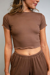 Brown Coco Ribbed Lounge Tee - Freedom Rave Wear - Shirts & Tops