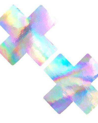 Holographic Care Bare Stare pasties in a cross design, perfect for rave outfits and intimate moments.