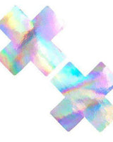 Holographic Care Bare Stare pasties in a cross design, perfect for rave outfits and intimate moments.