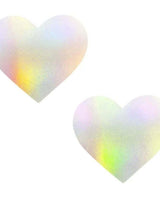 Holographic heart-shaped pasties, perfect for rave outfits and stylish under tops. Hypoallergenic and self-adhering.