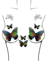 Iridescent butterfly stickers on a body silhouette, perfect for rave outfits and creative fashion styling.