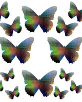 Holographic butterfly stickers in colorful designs, perfect for rave outfits and adding flair to accessories.