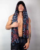 Young man wearing a Darkness Festival Scarf, styled as a hood, showcasing festival fashion and rave outfits.