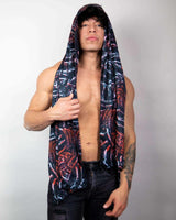Young man wearing a Darkness Festival Scarf, styled as a hood, showcasing festival fashion and rave outfits.