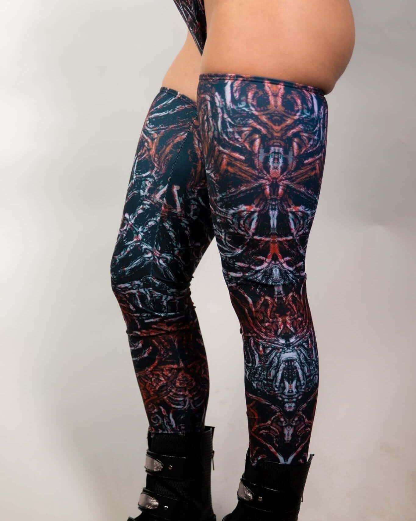 FRW Darkness leg sleeves featuring unique patterned design, ideal for rave outfits and dance in the shadows.