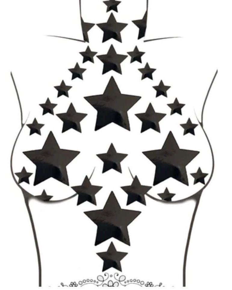 Black starry night nipple stickers design for rave outfits, featuring various star shapes on the body.