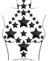 Black starry night nipple stickers design for rave outfits, featuring various star shapes on the body.