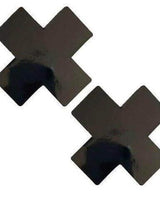 Black vinyl X-factor pasties, perfect for rave outfits and daring fashion events.
