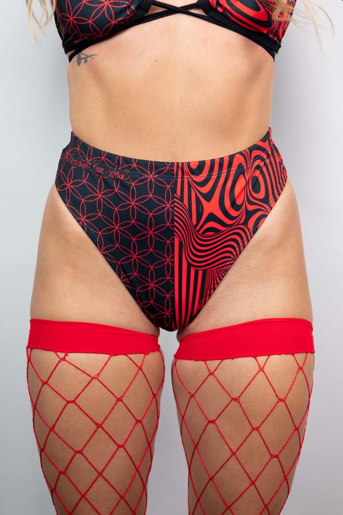 Duality High Waisted Brazilian Bottoms - Red Freedom Rave Wear Size: X-Small