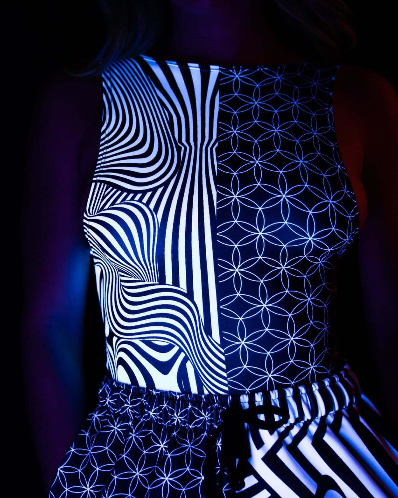 Duality Sideboob Bodysuit in black and white pattern, perfect for rave outfits at EDM festivals.