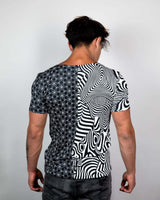 Duality Unisex T-Shirt showcasing black-and-white geometric patterns, perfect for rave outfits and sustainable fashion.