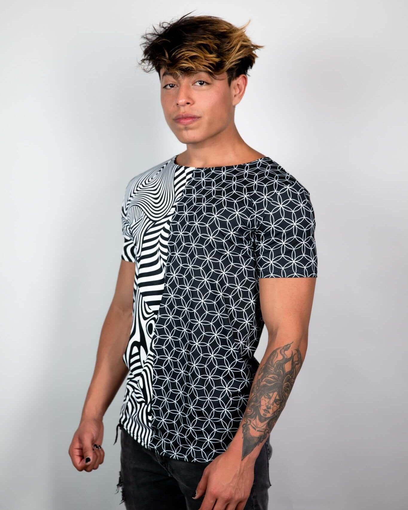 Duality Unisex T-Shirt featuring black-and-white graphic print, perfect for stylish rave outfits.