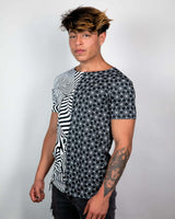 Duality Unisex T-Shirt featuring black-and-white graphic print, perfect for stylish rave outfits.