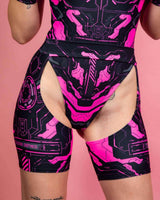 Electronika Chaps in UV Pink, high waist design with cutouts, perfect for rave outfits and enhancing your style.