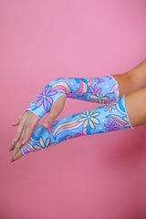 Funkadelic gloves featuring colorful floral patterns, perfect for rave outfits and made from recycled materials.