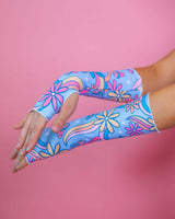 Funkadelic gloves featuring colorful floral patterns, perfect for rave outfits and made from recycled materials.