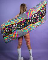 Handmade HAPPIER Festival Scarf with trippy rainbow design, perfect for rave outfits and summer festivals.