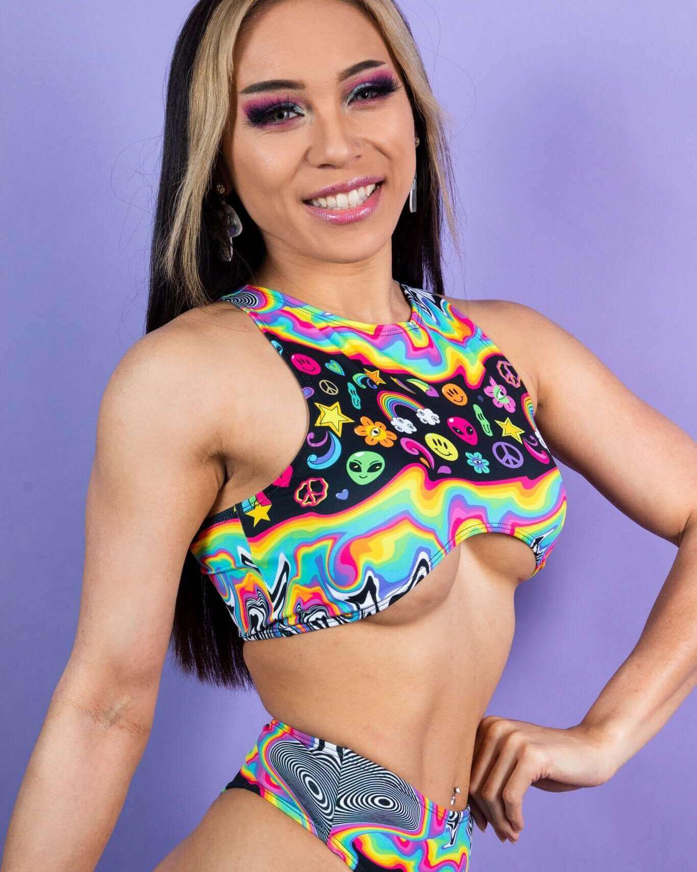 Vibrant rainbow-trippy underboob top perfect for rave outfits, showcasing colorful patterns and a supportive design.
