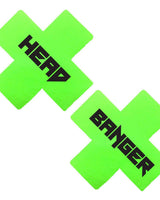 Neon green X Factor pasties with "HEAD" and "BANGER" text, perfect for rave outfits and fun festival styles.