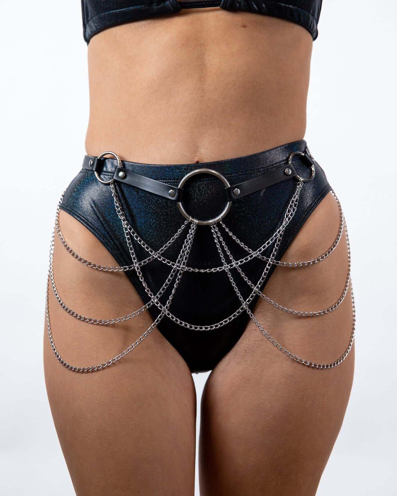 Intergalactic Body Chain accessory featuring faux leather and lightweight chain detailing, perfect for rave outfits.