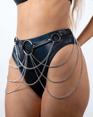 Intergalactic Body Chain highlighting faux leather and lightweight chain detailing, perfect for rave outfits and stylish looks.